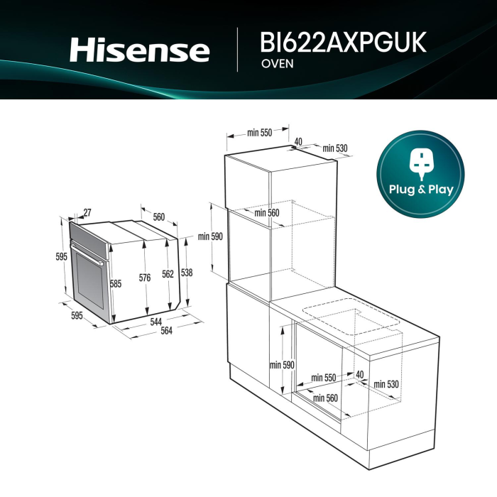 Hisense BI622AXPGUK Built In Electric Oven 59.5cm Black Steel
