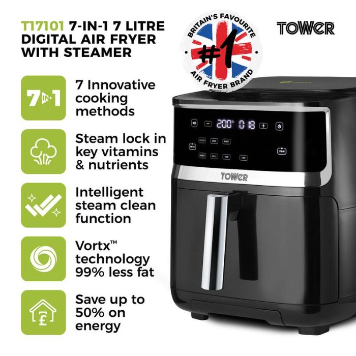 Tower T17101 Vortx 7 Litre Steam Air Fryer Black