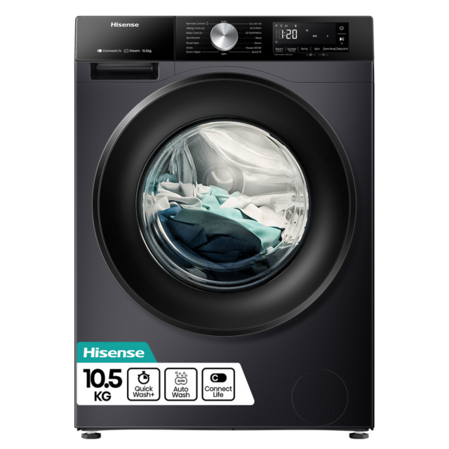 Hisense WF3S1043BB3 10.5kg 1400 Spin Steam Wash Black