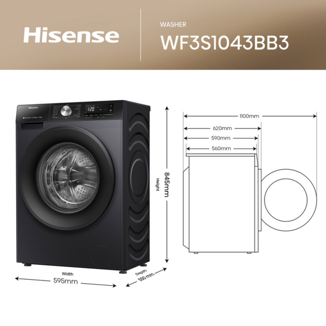Hisense WF3S1043BB3 10.5kg 1400 Spin Steam Wash Black
