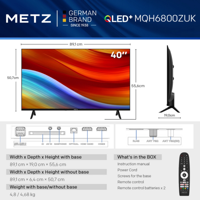 Metz 40MQH6800ZUK 40inch HD Smart QLED TV with Freely Power by Tivo - Black