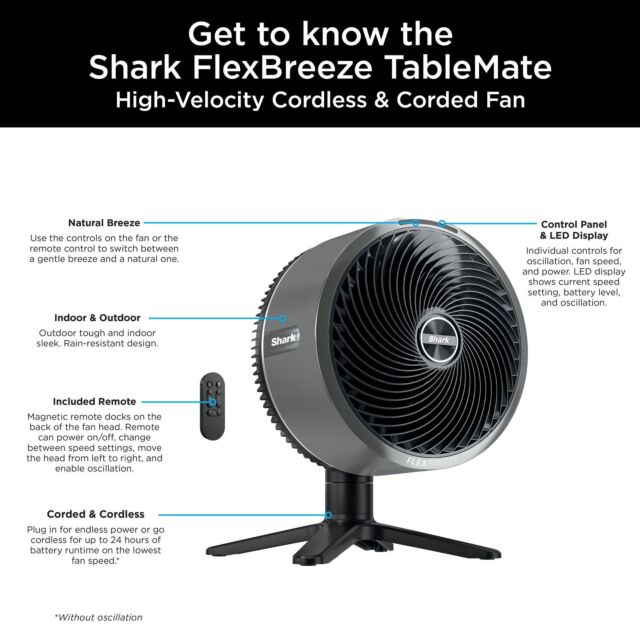 Shark 307FA150UK FlexBreeze TableMate Indoor to OutdoorTabletop Fan - Winter Fog