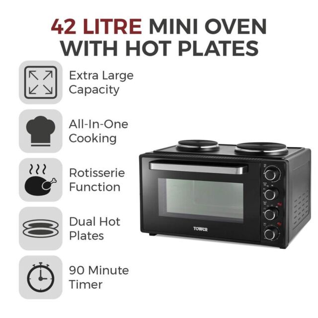 Tower T14045 42 Litre Mini Oven With Hotplates Black