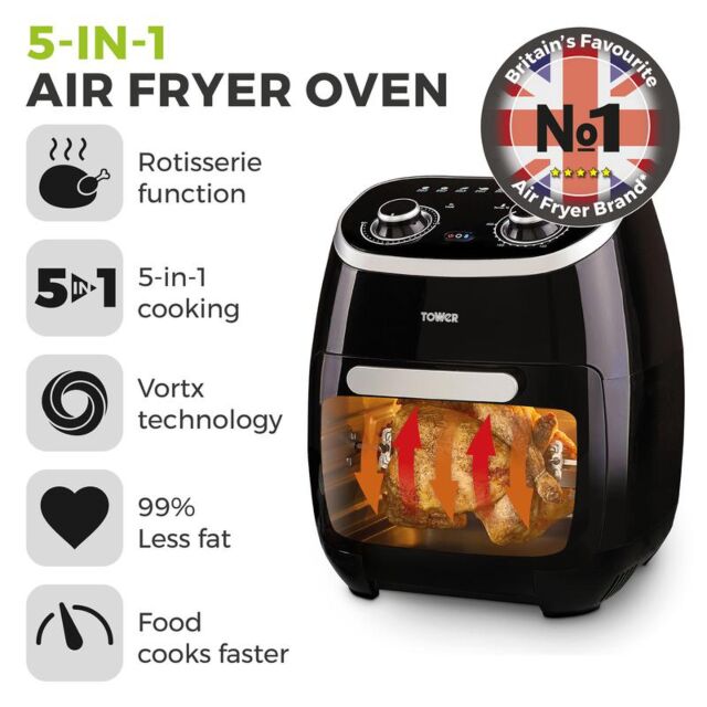 Tower T17038 Vortx Xpress 2000W 11L 5-In-1 Manual Air Fryer Oven With Rotisserie Black