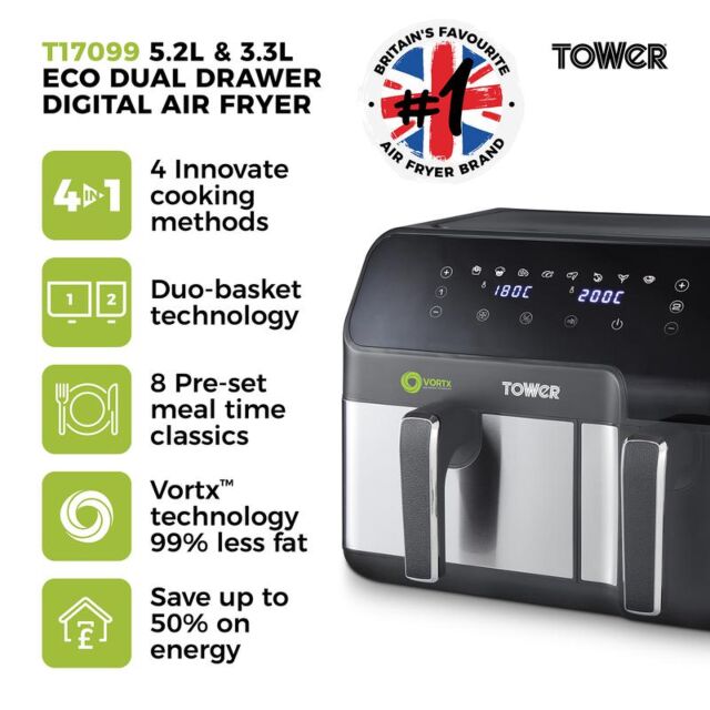 Tower T17099 Vortx Eco Duo Basket Digital Air Fryer 5.2L + 3.3L 