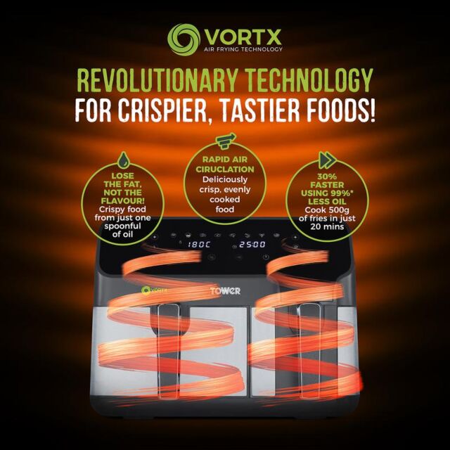 Tower T17099 Vortx Eco Duo Basket Digital Air Fryer 5.2L + 3.3L 