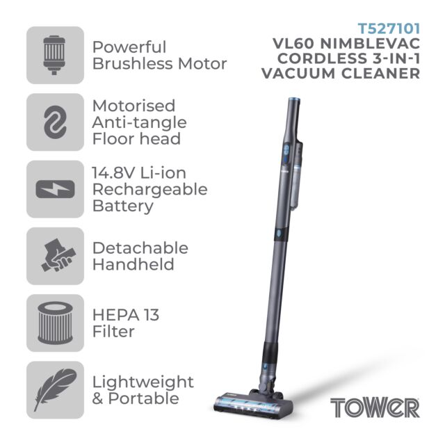 Tower T527101 Cordless Vl60 Nimblevac Anti-Tangle Handheld/Stick Cleaner 
